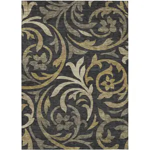 Photo of Black Taupe And Gold Floral Washable Indoor Outdoor Area Rug