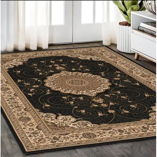 Beige and Black Medallion Power Loom Area Rug Photo 1