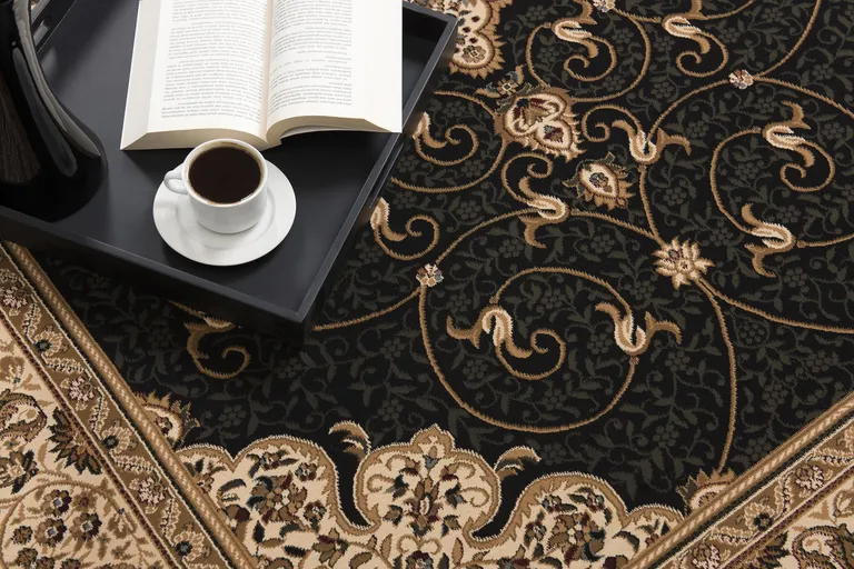 Black and Beige Embellished Runner Rug Photo 2