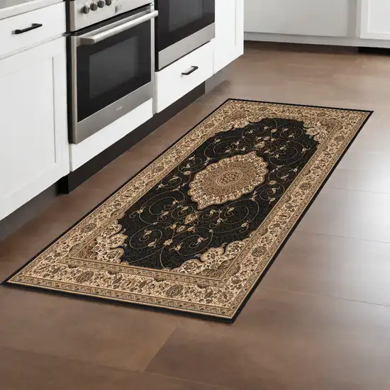 Beige and Black Medallion Power Loom Runner Rug Photo 1