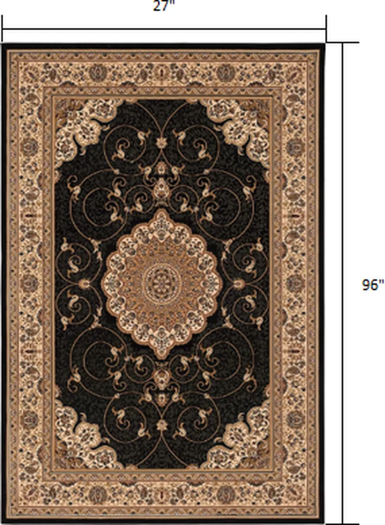 Black and Beige Embellished Runner Rug Photo 1