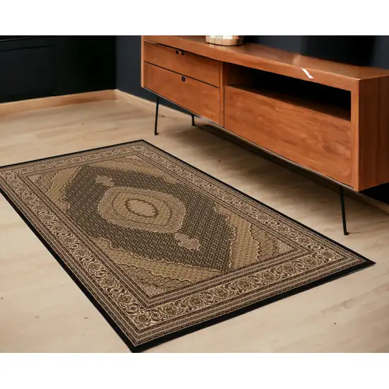 Beige and Black Medallion Power Loom Area Rug Photo 1