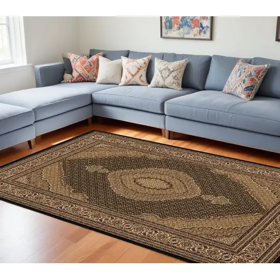 Beige and Black Medallion Power Loom Area Rug Photo 1