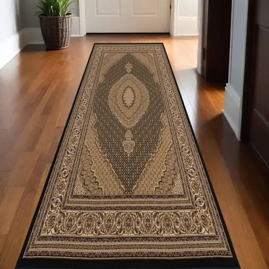 Beige and Black Medallion Power Loom Runner Rug Photo 1