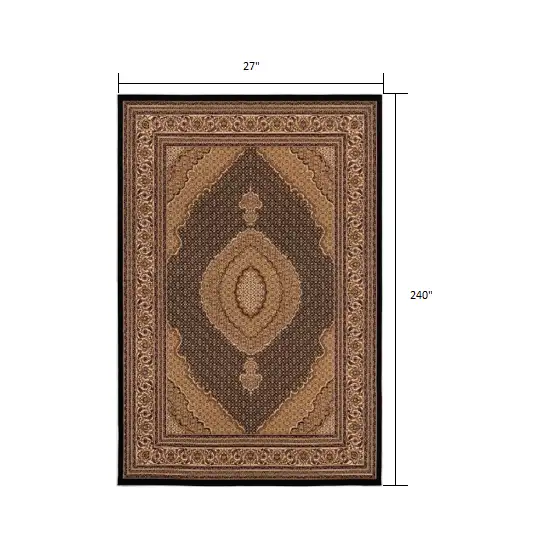 Black and Beige Medallion Runner Rug Photo 1