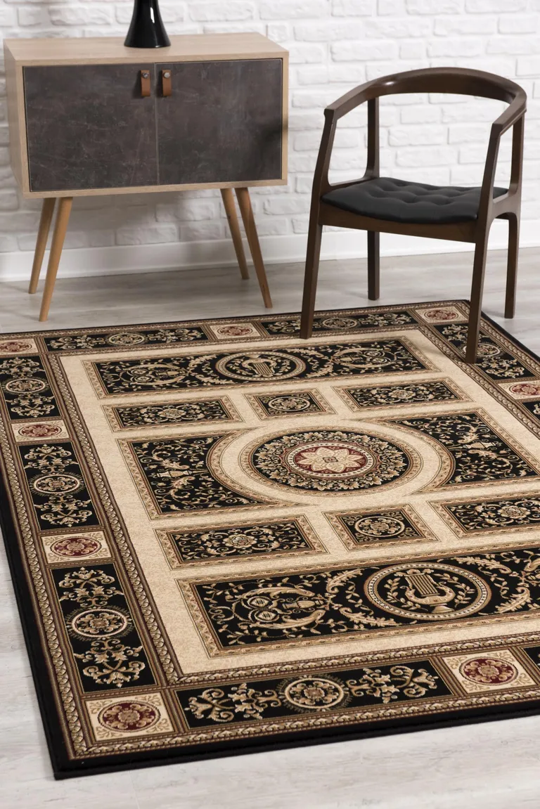 Black and Beige Traditional Geometric Area Rug Photo 3