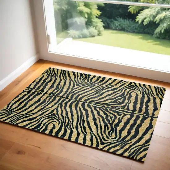 Black and Gold Animal Print Shag Handmade Non Skid Area Rug Photo 1