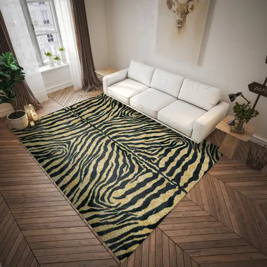 Black and Gold Animal Print Shag Handmade Non Skid Area Rug Photo 3