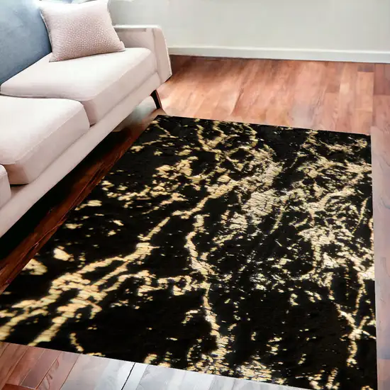 Black and Gold Faux Fur Abstract Shag Non Skid Area Rug Photo 1