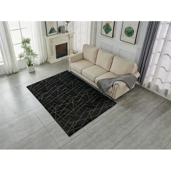 Black and Gold Faux Fur Abstract Shag Non Skid Area Rug Photo 5