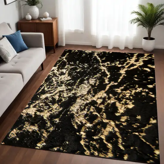 Black and Gold Faux Fur Abstract Shag Non Skid Area Rug Photo 1