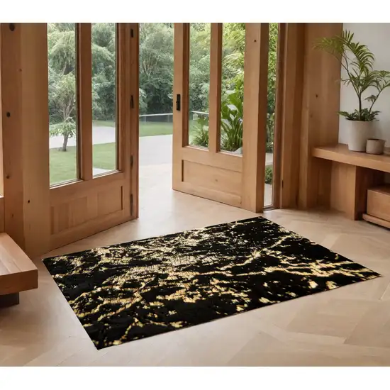 Black and Gold Faux Fur Abstract Washable Non Skid Area Rug Photo 1