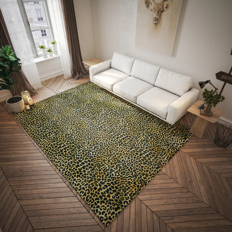 Black and Gold Leopard Print Shag Handmade Non Skid Runner Rug Photo 3