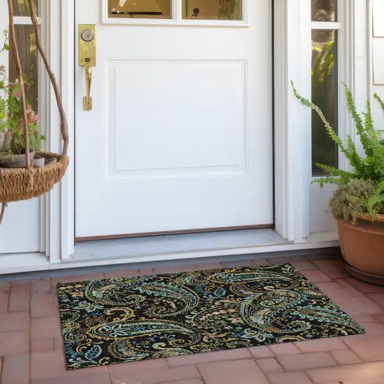 Black and Gold Paisley Washable Indoor Outdoor Area Rug Photo 7