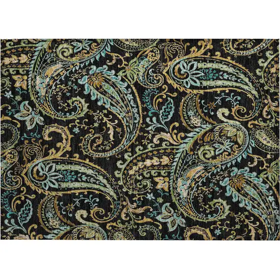 Black and Gold Paisley Washable Non Skid Indoor Outdoor Area Rug Photo 2