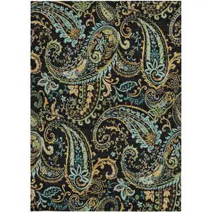 Photo of Black and Gold Paisley Washable Non Skid Indoor Outdoor Area Rug