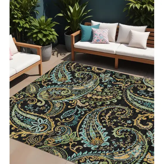 Black and Gold Paisley Washable Non Skid Indoor Outdoor Area Rug Photo 1