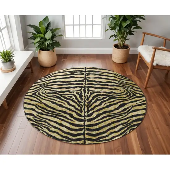 8' X 8' Black and Gold Round Animal Print Shag Handmade Non Skid Area Rug Photo 2