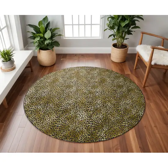 8' X 8' Black and Gold Round Leopard Print Shag Handmade Non Skid Area Rug Photo 1