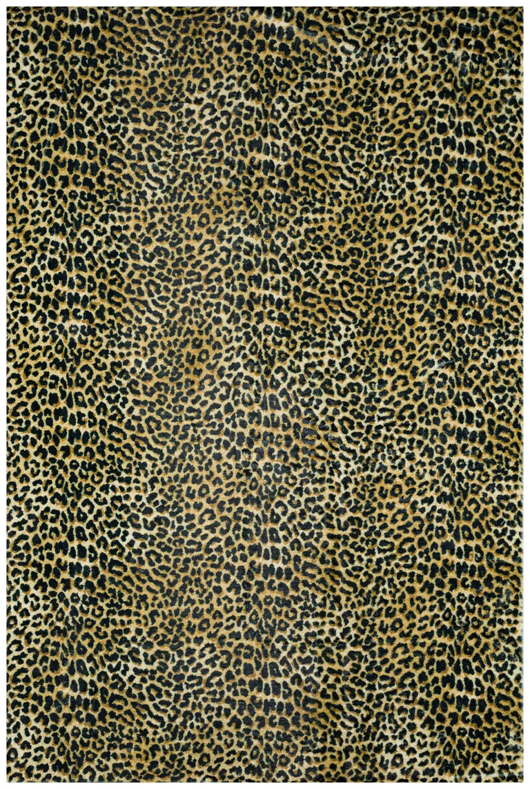 Black and Gold Round Leopard Print Shag Handmade Non Skid Area Rug Photo 1