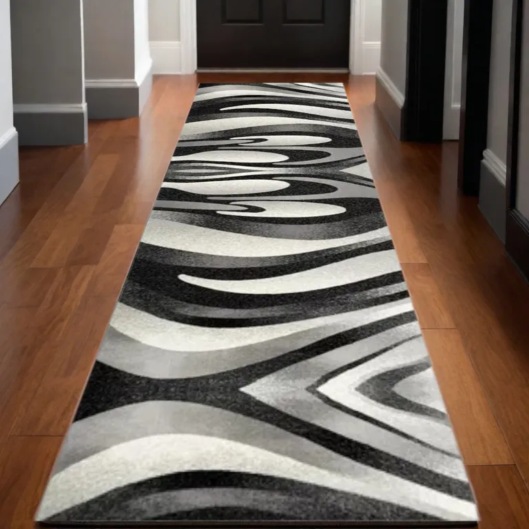 Black and Gray Abstract Marble Runner Rug Photo 3