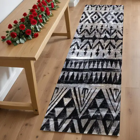 2' x 6' Black and Gray Aztec Washable Runner Rug Photo 1
