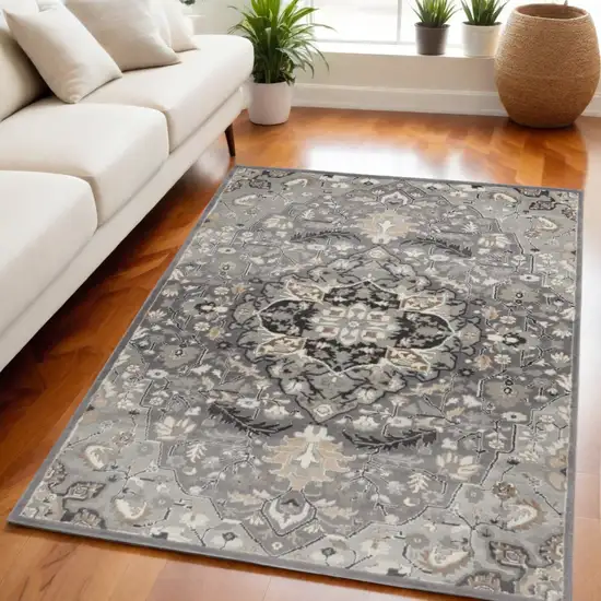 Black and Gray Floral Medallion Non Skid Area Rug Photo 1