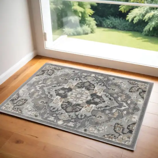 Black and Gray Floral Non Skid Area Rug Photo 1