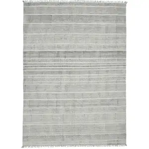 Photo of Black and Gray Geometric Flatweave Handmade Distressed Area Rug with Fringe