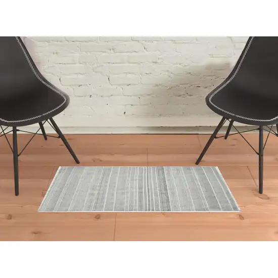 Black and Gray Geometric Flatweave Handmade Distressed Area Rug with Fringe Photo 2