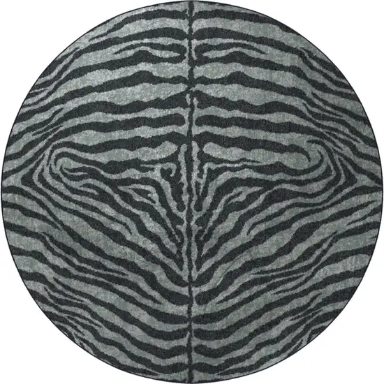 8' X 8' Black and Gray Round Zebra Print Shag Handmade Non Skid Area Rug Photo 5