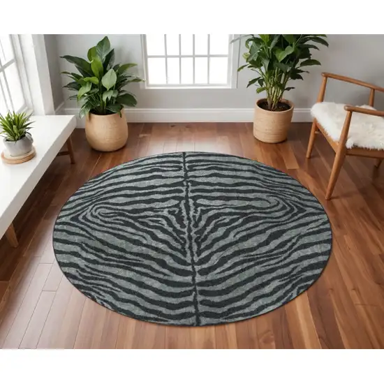 8' X 8' Black and Gray Round Zebra Print Shag Handmade Non Skid Area Rug Photo 1