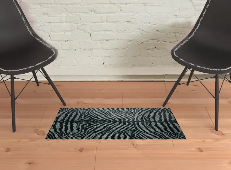 Black and Gray Zebra Print Shag Handmade Non Skid Area Rug Photo 2