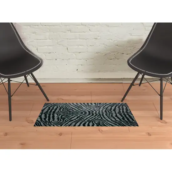 Black and Gray Zebra Print Shag Handmade Non Skid Area Rug Photo 2