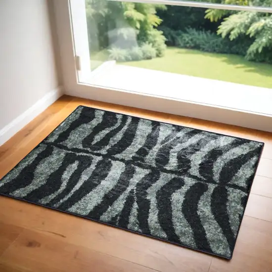 Black and Gray Zebra Print Shag Handmade Non Skid Area Rug Photo 1