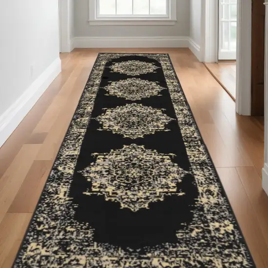 Black and Ivory Damask Power Loom Runner Rug Photo 1