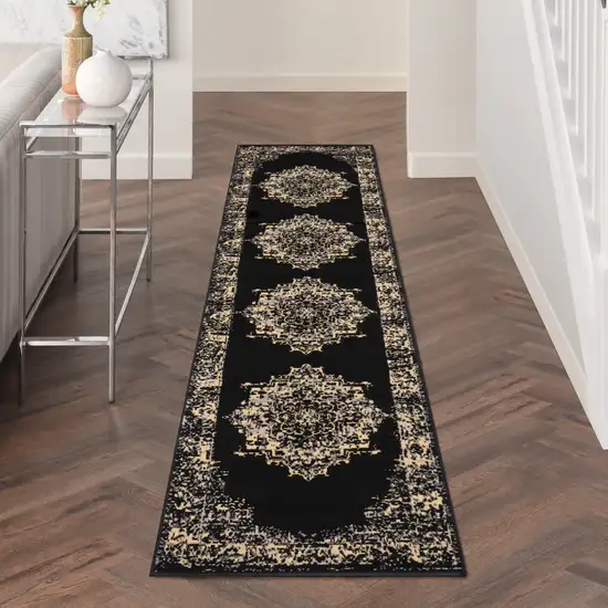 Black and Ivory Damask Power Loom Runner Rug Photo 7