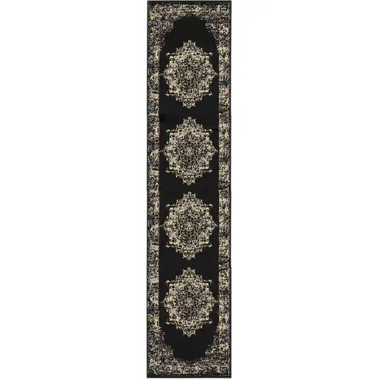 Black and Ivory Damask Power Loom Runner Rug Photo 2