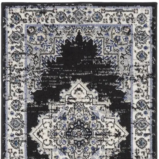 Black and Ivory Floral Power Loom Distressed Runner Rug Photo 5