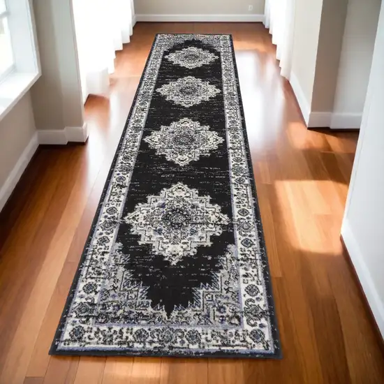 Black and Ivory Floral Power Loom Distressed Runner Rug Photo 1