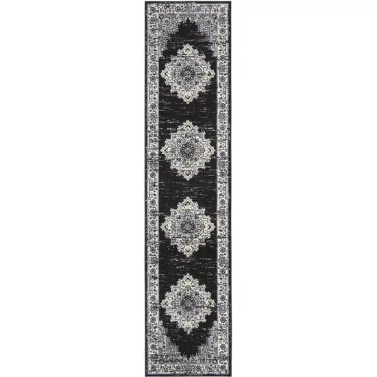 Black and Ivory Floral Power Loom Distressed Runner Rug Photo 2