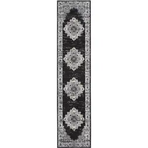 Photo of Black and Ivory Floral Power Loom Distressed Runner Rug