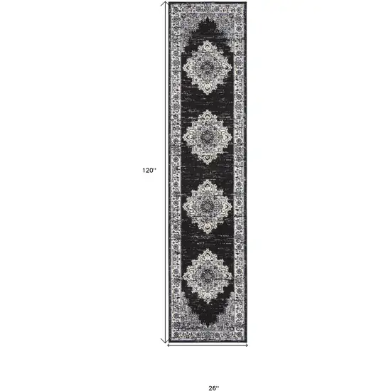 Black and Ivory Floral Power Loom Distressed Runner Rug Photo 3