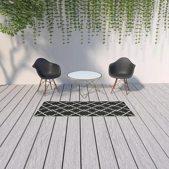 Black and Ivory Trellis Indoor Outdoor Runner Rug Photo 10