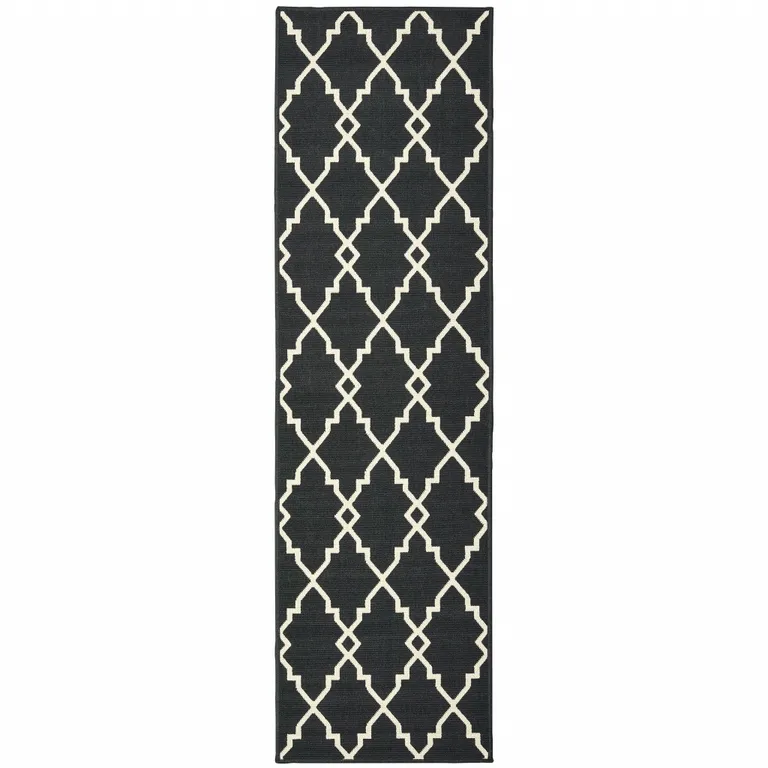 Black and Ivory Trellis Indoor Outdoor Runner Rug Photo 1