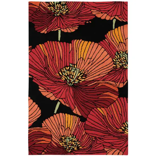 Black and Red Floral Hand Hooked Area Rug Photo 2