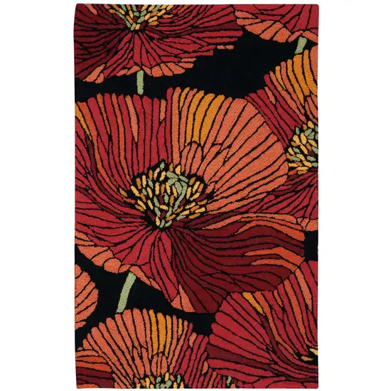 Black and Red Floral Hand Hooked Area Rug Photo 2