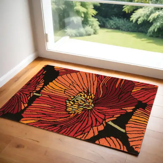 Black and Red Floral Hand Hooked Area Rug Photo 1