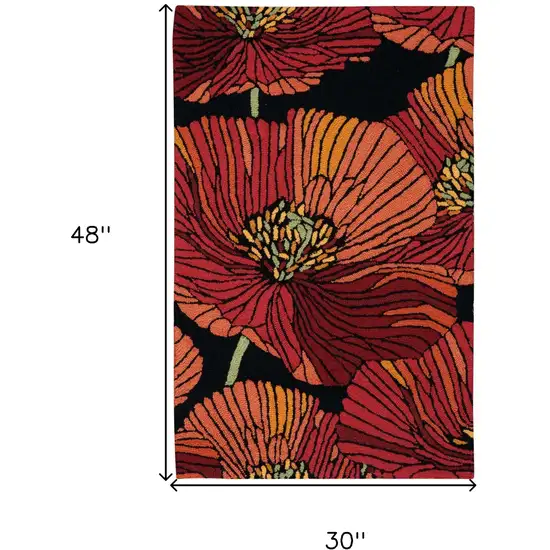 Black and Red Floral Hand Hooked Area Rug Photo 3