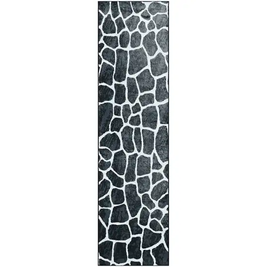 2' X 8' Black and White Croc Print Shag Handmade Non Skid Runner Rug Photo 2